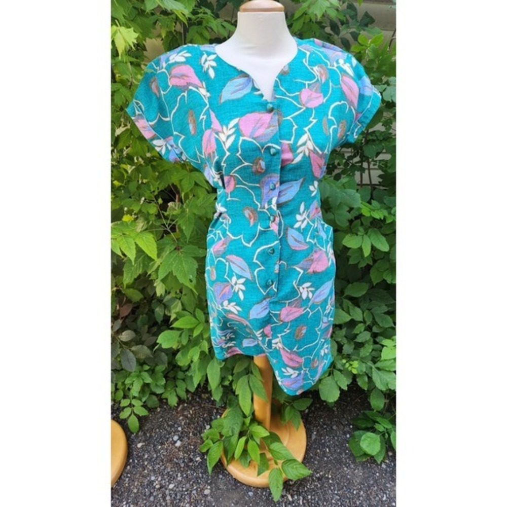 Vtg 80s Teal‎ Floral Button Front Short Sleeve Midi Dress medium